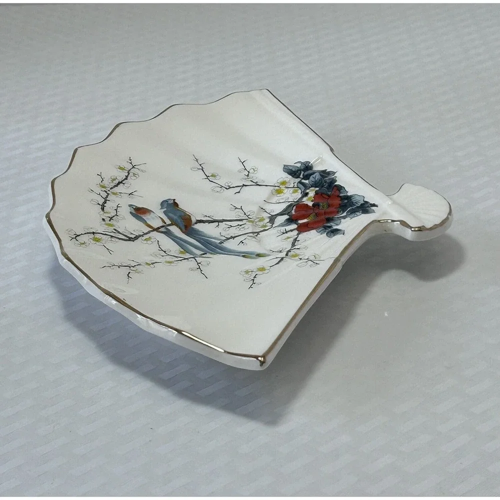 Jay Japan Fine‎ China Fan Shaped Decorative Dish Birds Cherry Blossom Vintage